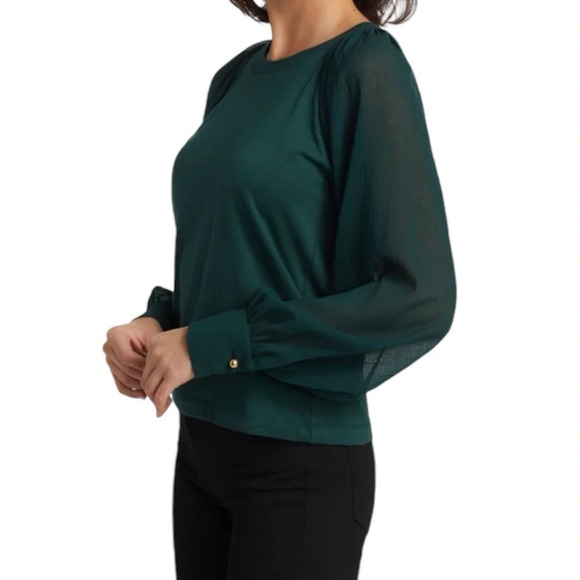 TANYA TAYLOR | Emerald Green Odessa Sheer Long Sleeve Blouse, XS - Picture 1 of 6
